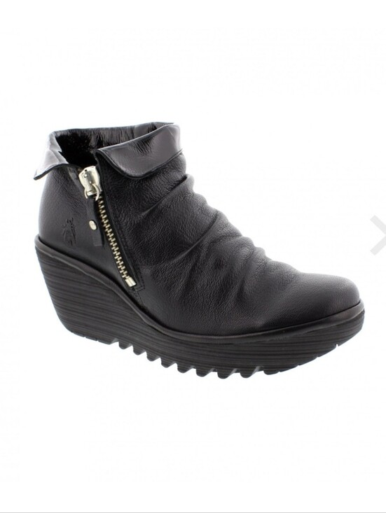 Fly London Shoes - Fly London Yoxi Black Leather Wedge Ankle Booties, Size 38/7-7.5